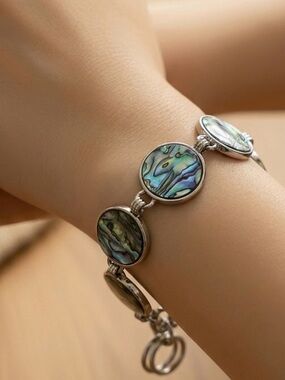 Iridescent Abalone Disc Link Bracelet - Green Multi-Color